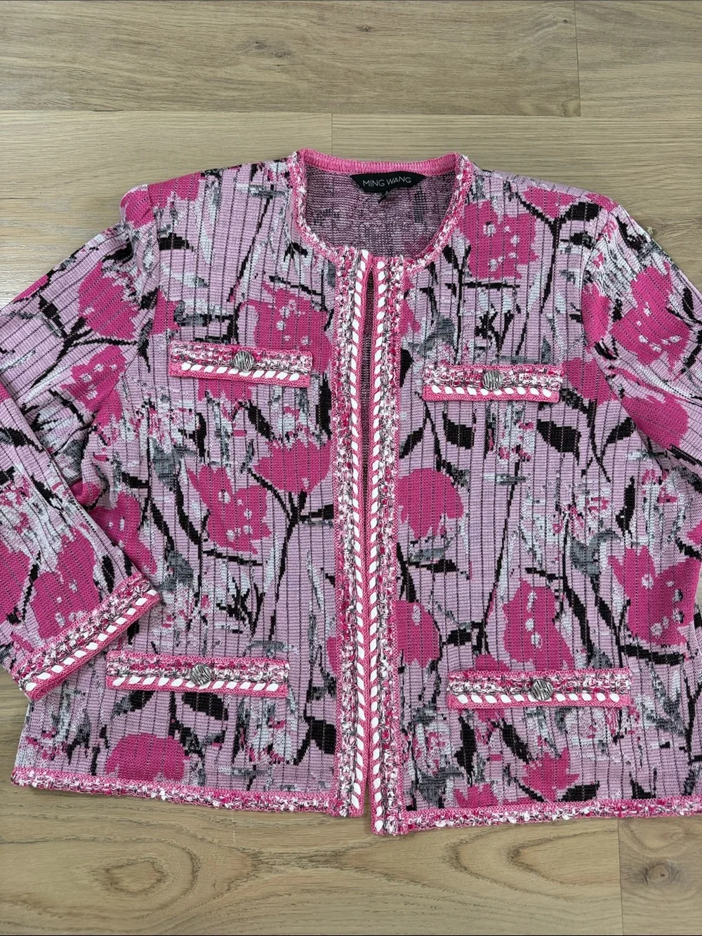 Ming Wang Fuchsia Pink Floral Knit Jacket Textured Blazer Cardigan L